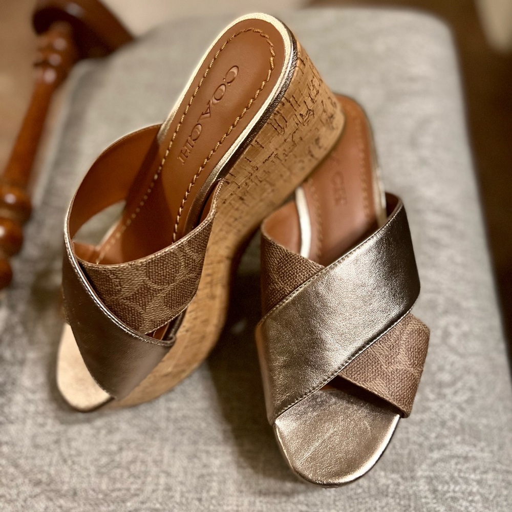 COACH platform wedge sandals. Metallic bronze/gold.